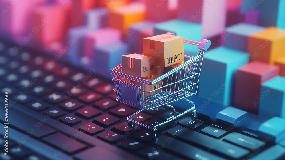 Shopping cart with packages on a keyboard for e-commerce concept. AI generated image Shopping cart with packages on a keyboard for e-commerce concept. AI generated image
