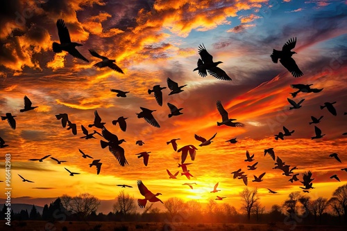 Dark silhouettes of multiple crows in flight against a vibrant orange sunset sky, creating a dramatic and hauntingly beautiful composition of contrast and motion. photo