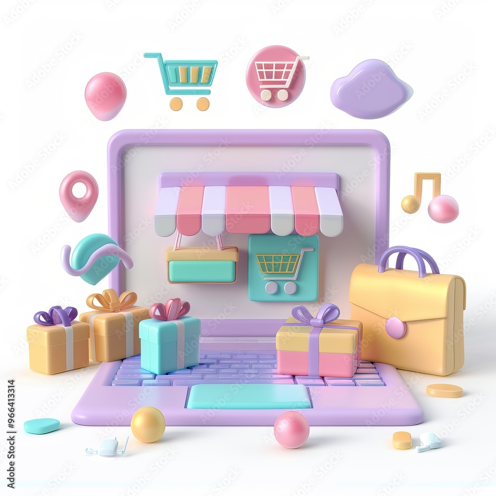 Fototapeta premium Colorful 3D icons of e-commerce items floating around a laptop screen. AI generated image