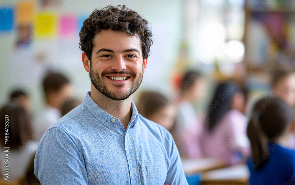 Fototapeta premium Smiling teacher standing confidently in a classroom filled with students, professional educator radiating positivity and leadership, perfect for education and learning environment concepts