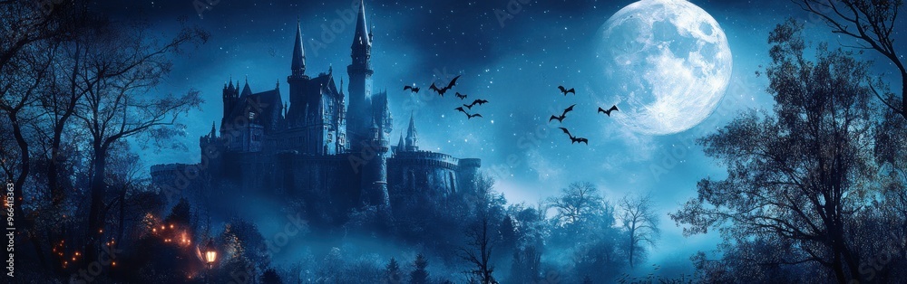 A spooky castle under a full moon with bats flying in a dark, atmospheric landscape. A spooky castle under a full moon with bats flying in a dark, atmospheric landscape.