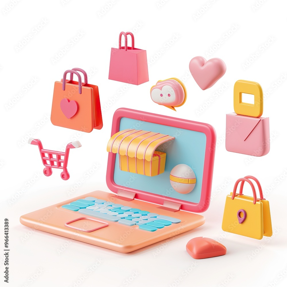 Colorful 3D icons of e-commerce items floating around a laptop screen. AI generated image Colorful 3D icons of e-commerce items floating around a laptop screen. AI generated image