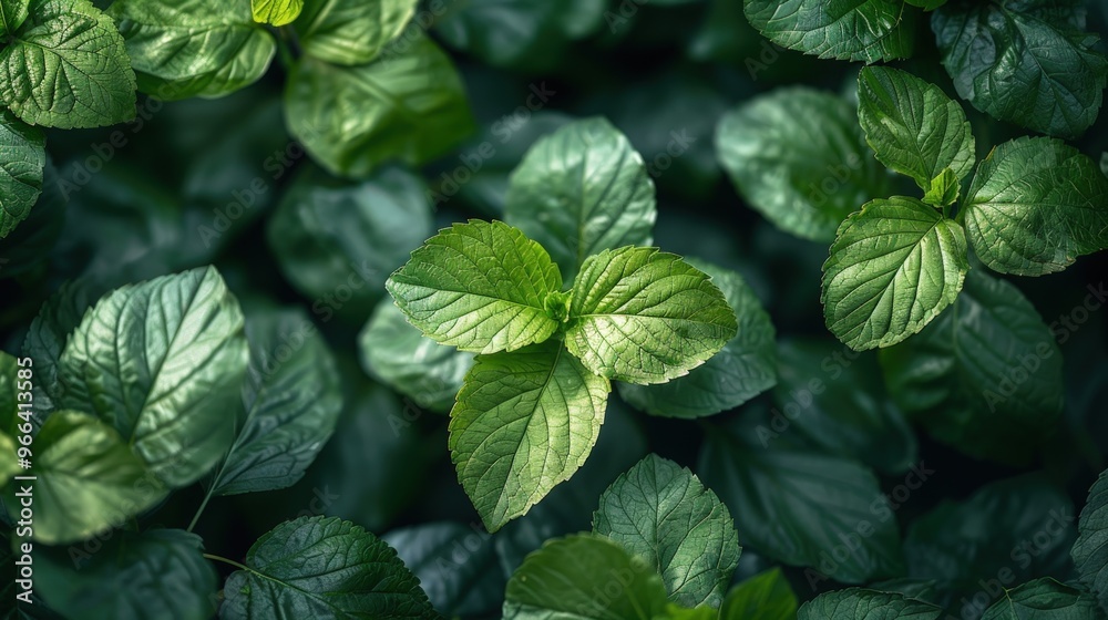 Lush green mint leaves growing in a field. Lush green mint leaves growing in a field.