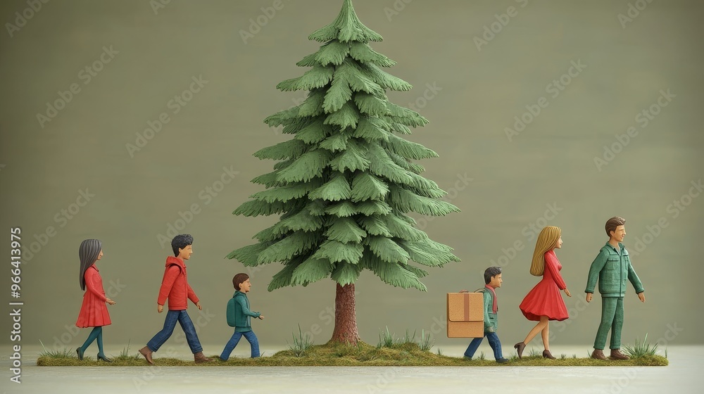 A whimsical scene of a family walking together in nature, highlighting togetherness and outdoor adventure.