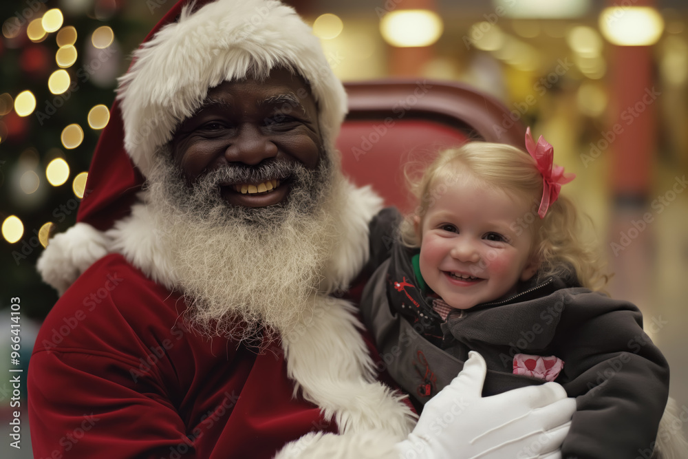 Black Santa Claus smile during Christmas and holding a white blonde child on his lap in shopping mall center Black Santa Claus smile during Christmas and holding a white blonde child on his lap in shopping mall center