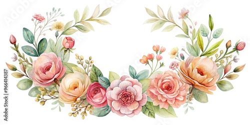 Delicate, hand-drawn illustration of a floral crown with intricate flowers, leaves, and vines, perfect for adding a touch of elegance to invitations, packaging, and designs.