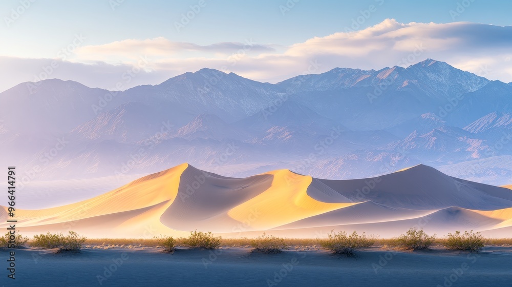 A serene desert landscape with rolling sand dunes and distant mountains under soft sunlight. A serene desert landscape with rolling sand dunes and distant mountains under soft sunlight.
