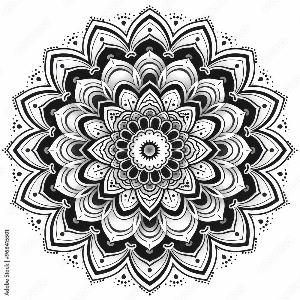 A detailed black and white mandala with intricate patterns and symmetrical design, representing meditation, art, and decorative symmetry