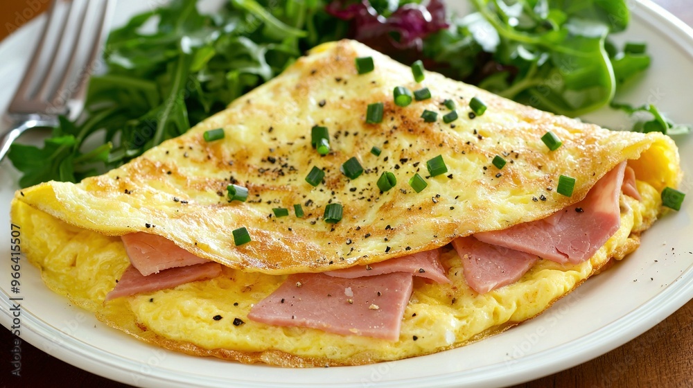 A plate of breakfast with an omelette and fresh greens A plate of breakfast with an omelette and fresh greens