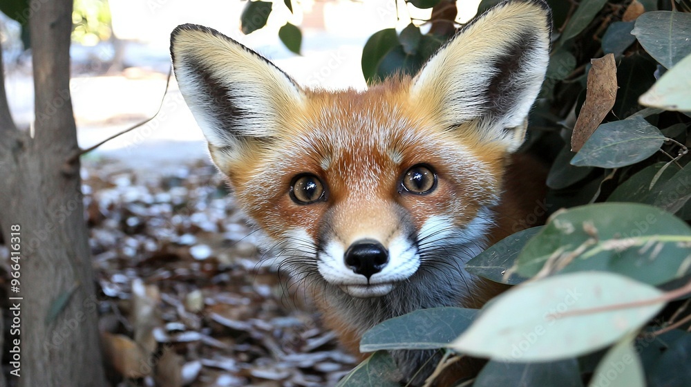 A close-up of a fox staring at the camera with a tree in the foreground and leaves in the background A close-up of a fox staring at the camera with a tree in the foreground and leaves in the background
