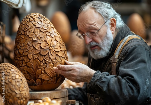 a man looking at a carved egg.  photo