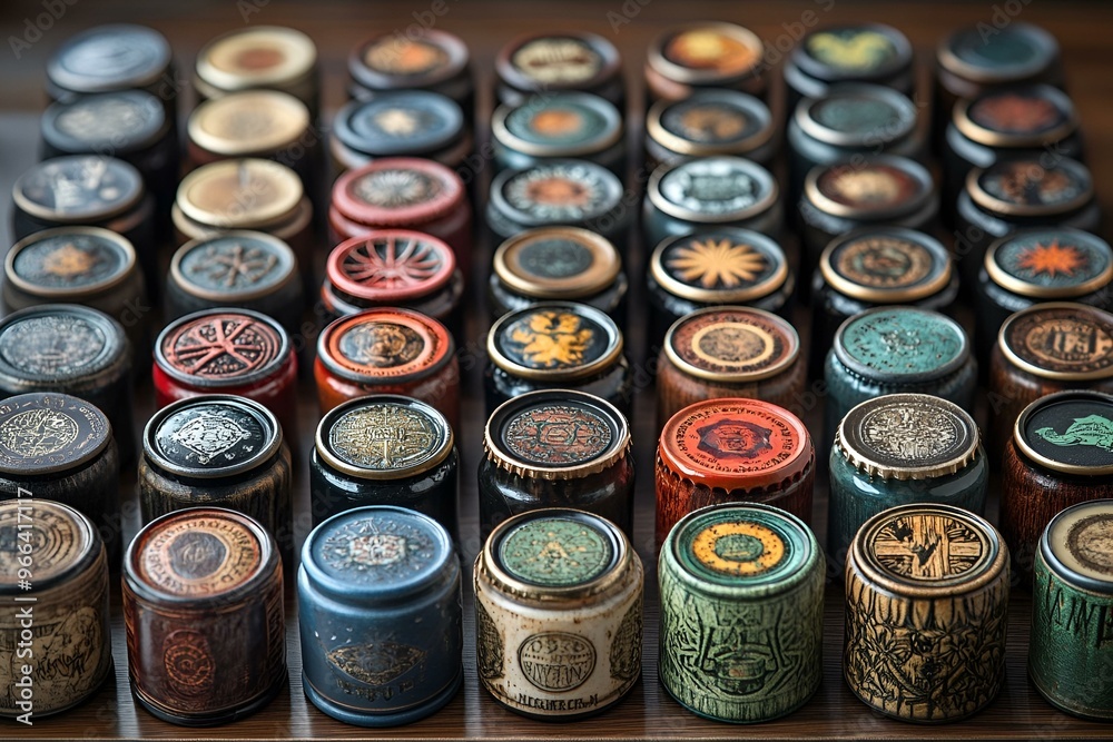a group of round containers with designs. a group of round containers with designs.