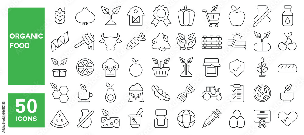 Set of 50 line icons related to organic food, farming, bio, natural, healthy, diet, vegetables, fruits, detox, harvest, Editable stroke. Vector illustration Set of 50 line icons related to organic food, farming, bio, natural, healthy, diet, vegetables, fruits, detox, harvest, Editable stroke. Vector illustration