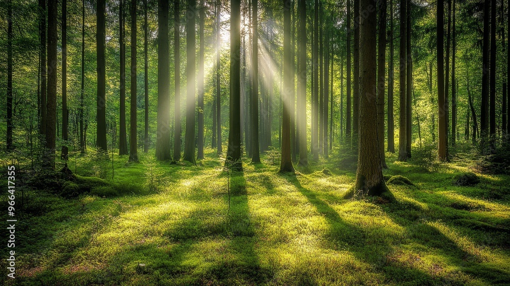 Fototapeta premium A serene forest scene with sunlight streaming through trees, creating a tranquil and inviting atmosphere.