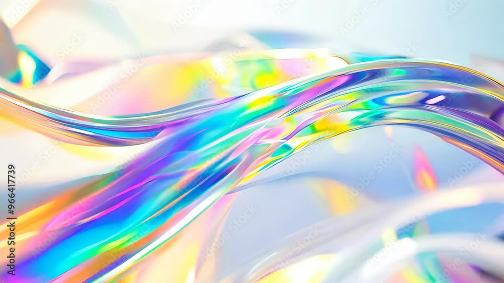 Close-up of white curved glass with holographic rainbow lines on a light background. Close-up of white curved glass with holographic rainbow lines on a light background.