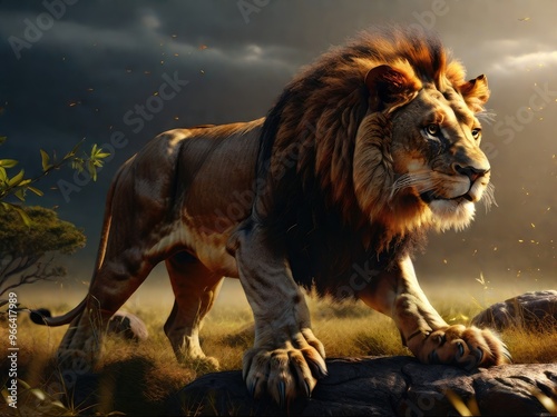 a lion stands on a stone in the middle of the savannah