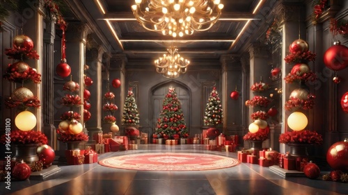 hall with chandeliers and Christmas trees