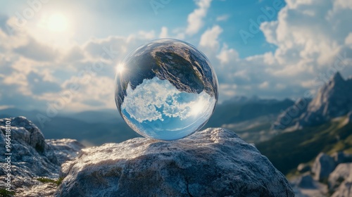 Close-up of crystal ball on rock against sky