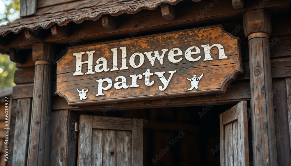 Obraz premium Halloween party banner above the entrance where ghosts celebrate and have fun, vintage style wooden plaque inscription, old wooden boards, rural style