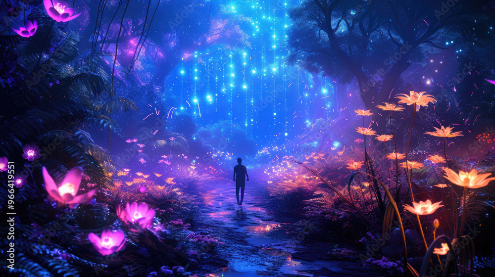 Fototapeta premium Lone person in fantasy dark forest at night, man walking on path near magical glowing flowers and lights, neon plants in fairy woods. Concept of fairytale garden, wonderland