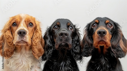 Three dogs with brown, black, and white fur are standing next to each other