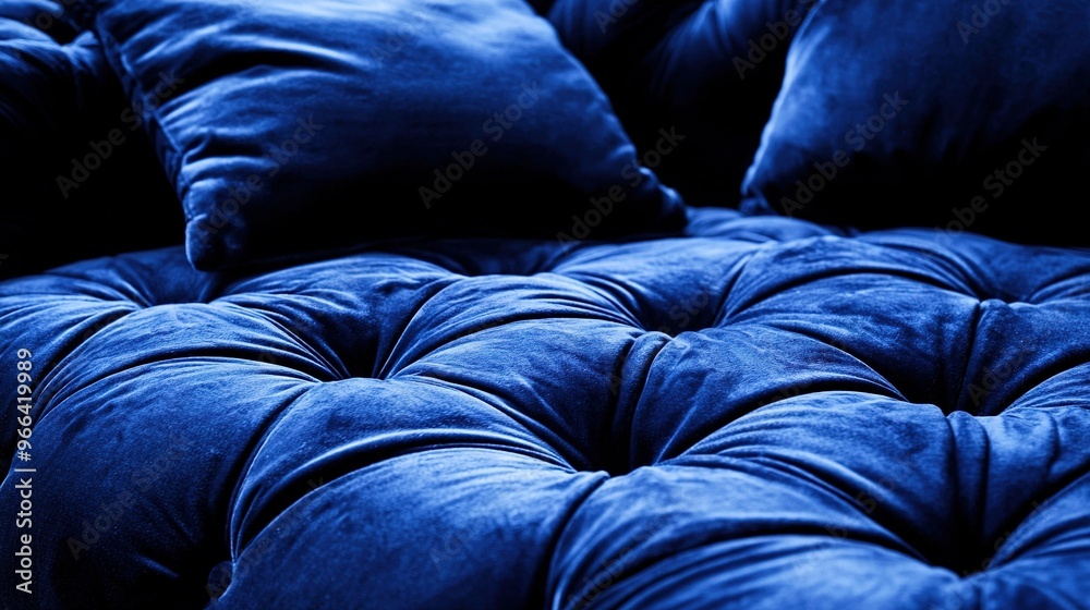 A close-up photo of a blue couch with multiple pillows covering its surface, including one positioned at the bottom A close-up photo of a blue couch with multiple pillows covering its surface, including one positioned at the bottom
