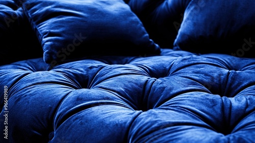  A close-up photo of a blue couch with multiple pillows covering its surface, including one positioned at the bottom