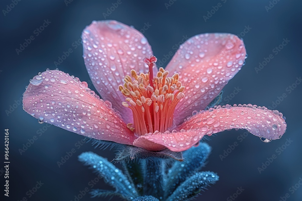 Dew-Kissed Pink Flower with Red Stamens Dew-Kissed Pink Flower with Red Stamens