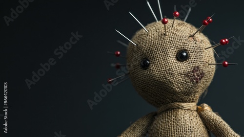 A burlap doll with pins, evoking a sense of mystique and folklore. photo