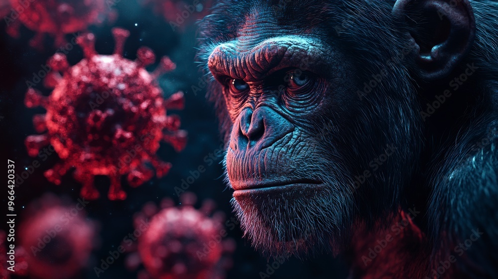 Monkey Examining Virus in Ominous Medical-Themed Setting Monkey Examining Virus in Ominous Medical-Themed Setting