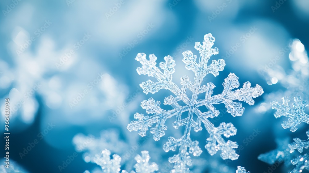 Crystal-like snowflakes floating on a wintery blue backdrop with bokeh effects Crystal-like snowflakes floating on a wintery blue backdrop with bokeh effects