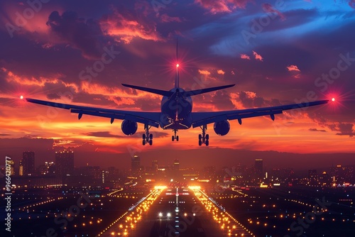 Airplane Landing on Runway at Sunset with Cityscape in Background