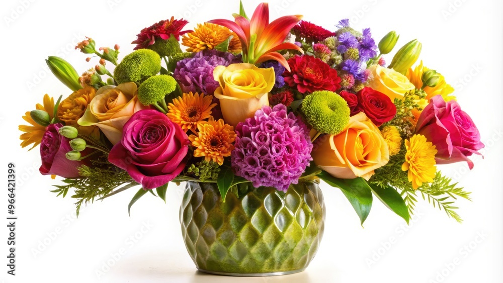 Obraz premium Elegant Floral Arrangement In A Modern Vase, Showcasing Intricate Design And Vibrant Colors Against A Clean White Background