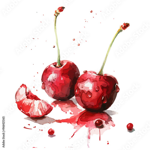 Watercolor clipart of Cherry fruit, isolated on a white background, and Cherry vector