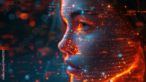 Wallpaper Mural Close-up profile of a woman's face, with glowing lines and particles representing digital data flowing over her skin. Torontodigital.ca