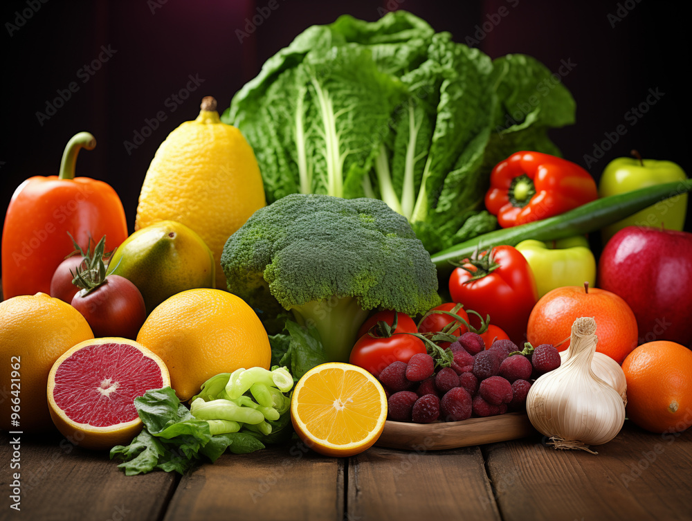 Fresh vegetables and fruits arranged artistically on wooden table

