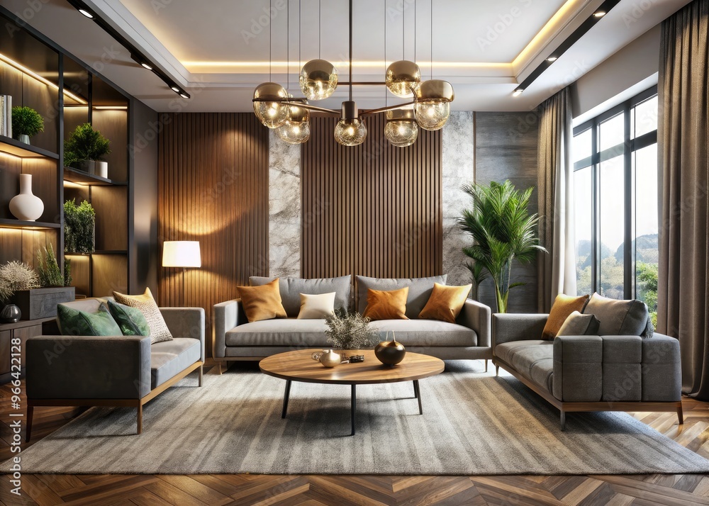Fototapeta premium Elegant living room interior design concept featuring sleek furniture, natural textures, and modern lighting fixtures showcased in a professional portfolio layout.