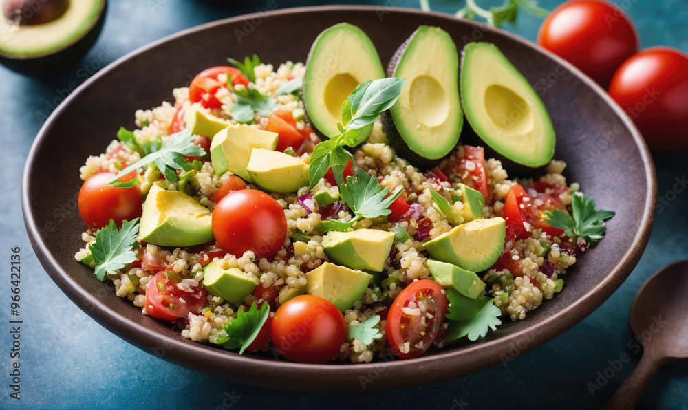 A close-up shot of a delicious quinoa salad with avocado and tomato, perfect for a light and healthy lunch A close-up shot of a delicious quinoa salad with avocado and tomato, perfect for a light and healthy lunch