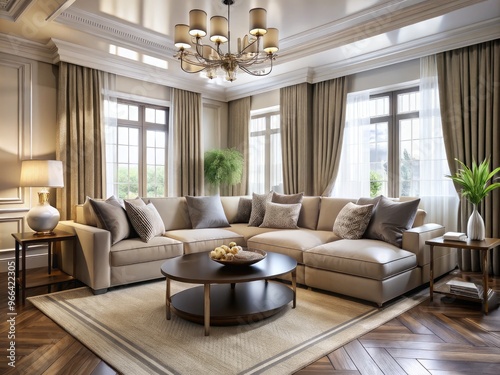 Elegant living room with floor-to-ceiling drapes, neutral color palette, plush sectional sofa, and modern decorative accents, perfect for upscale residential interior design inspiration.