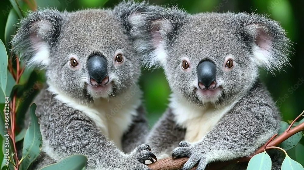 Fototapeta premium Two koalas sit in a tree, with one facing the camera and the other looking away