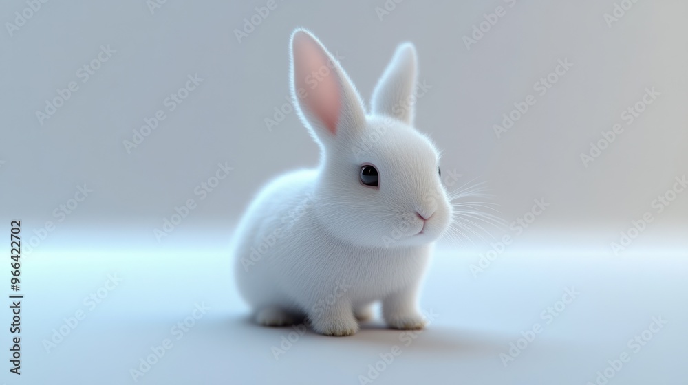 Obraz premium Cute White Rabbit Sitting on a Light Background