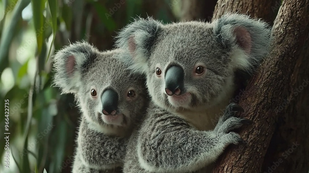 Obraz premium Two koalas sit in a tree, one clinging to a branch and the other gazing at the camera