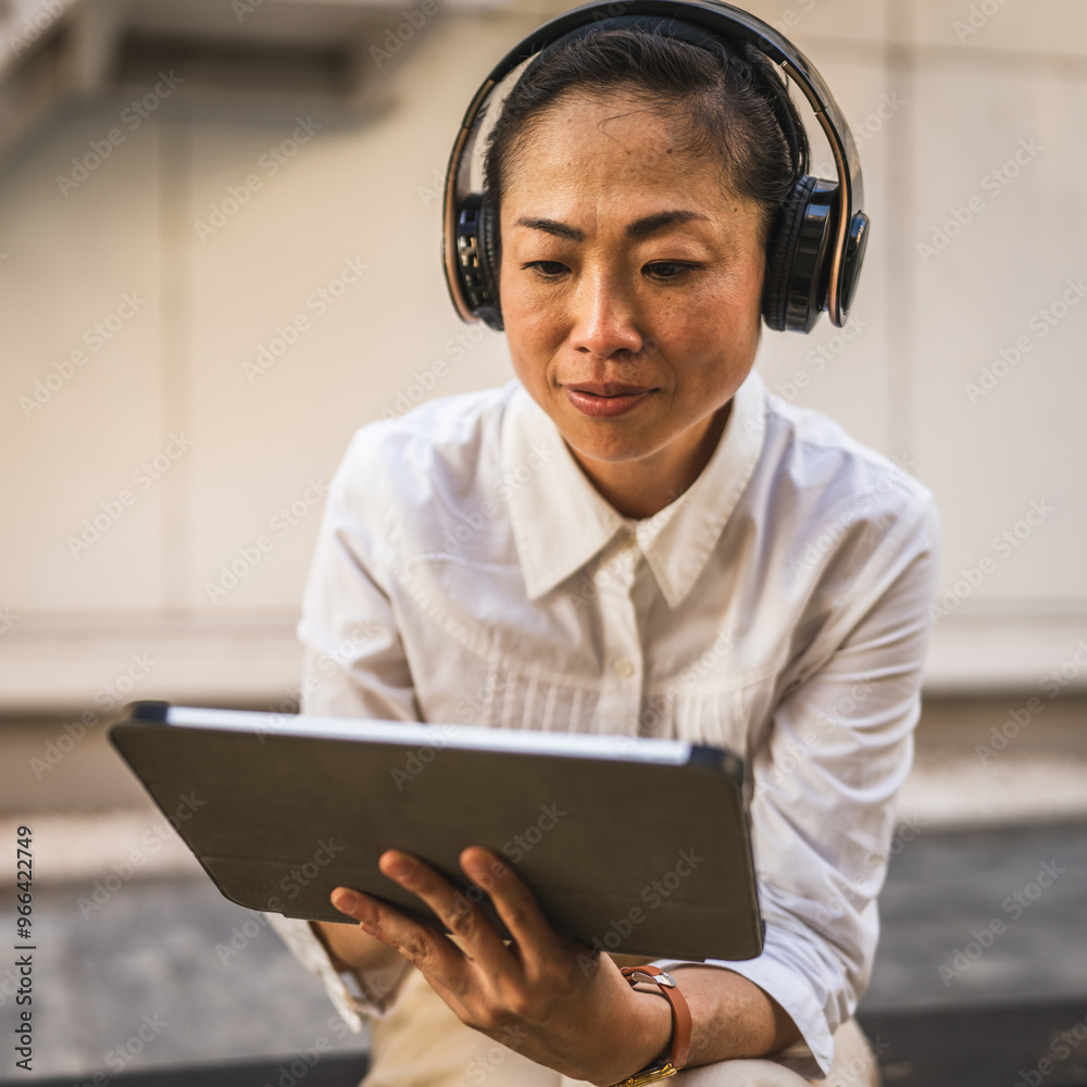 Mature japanese woman use digital tablet in front building company Mature japanese woman use digital tablet in front building company