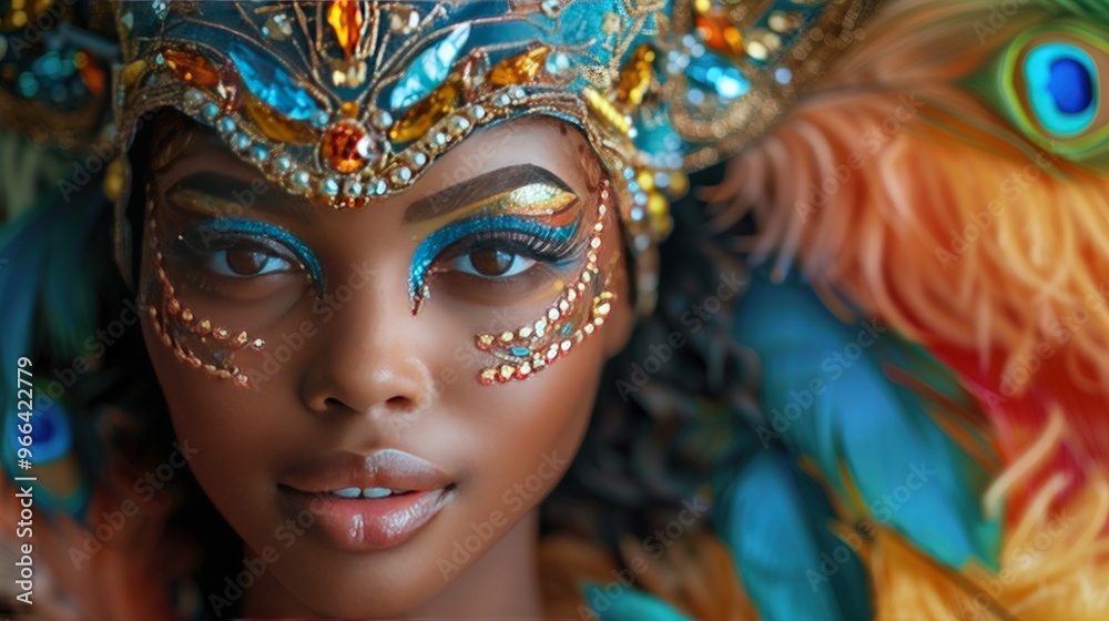 Close-up portrait of a woman with elaborate colorful makeup and headdress, looking directly at the camera. Close-up portrait of a woman with elaborate colorful makeup and headdress, looking directly at the camera.