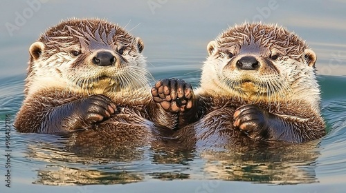  Two otters in water with paws on each other's backs