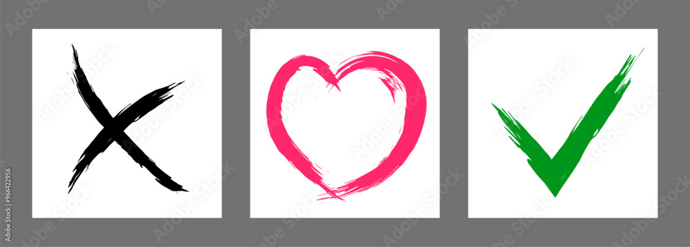The cross, heart and OK symbol are hand-drawn with a brush. Prohibition, denial, error. Love. Approval, consent. Vector, set of 3 characters The cross, heart and OK symbol are hand-drawn with a brush. Prohibition, denial, error. Love. Approval, consent. Vector, set of 3 characters