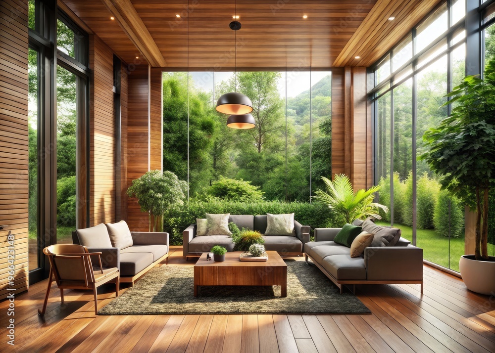 Fototapeta premium Elegant living room with wood-planked walls, floor-to-ceiling windows, and lush greenery, blending seamlessly with nature, creating a serene and organic atmosphere.