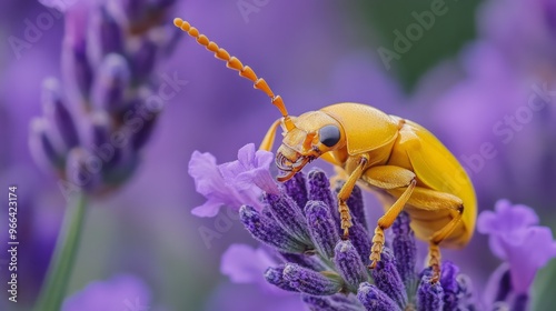 A very close-up of a beautiful yellow beetle on purple lavender in bloom. Chlorophorus varius, grapevine tree beetle, long-horned beetle photo