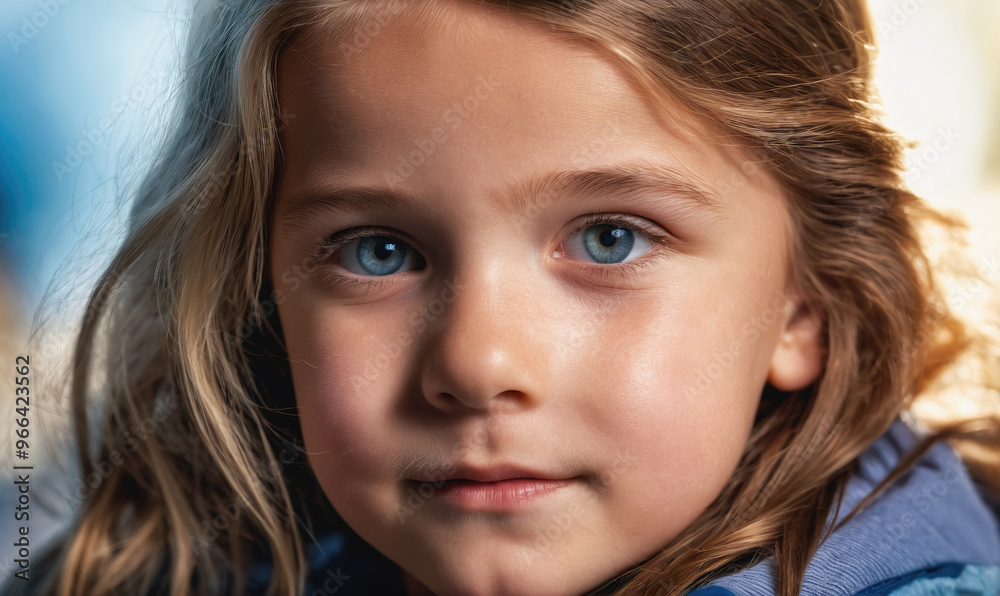 A young girl with long, blonde hair looks directly at the camera, her blue eyes intense A young girl with long, blonde hair looks directly at the camera, her blue eyes intense