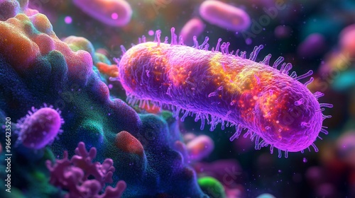 Illustration of a healthy human microbiome with vibrant microorganisms and diverse bacterial life